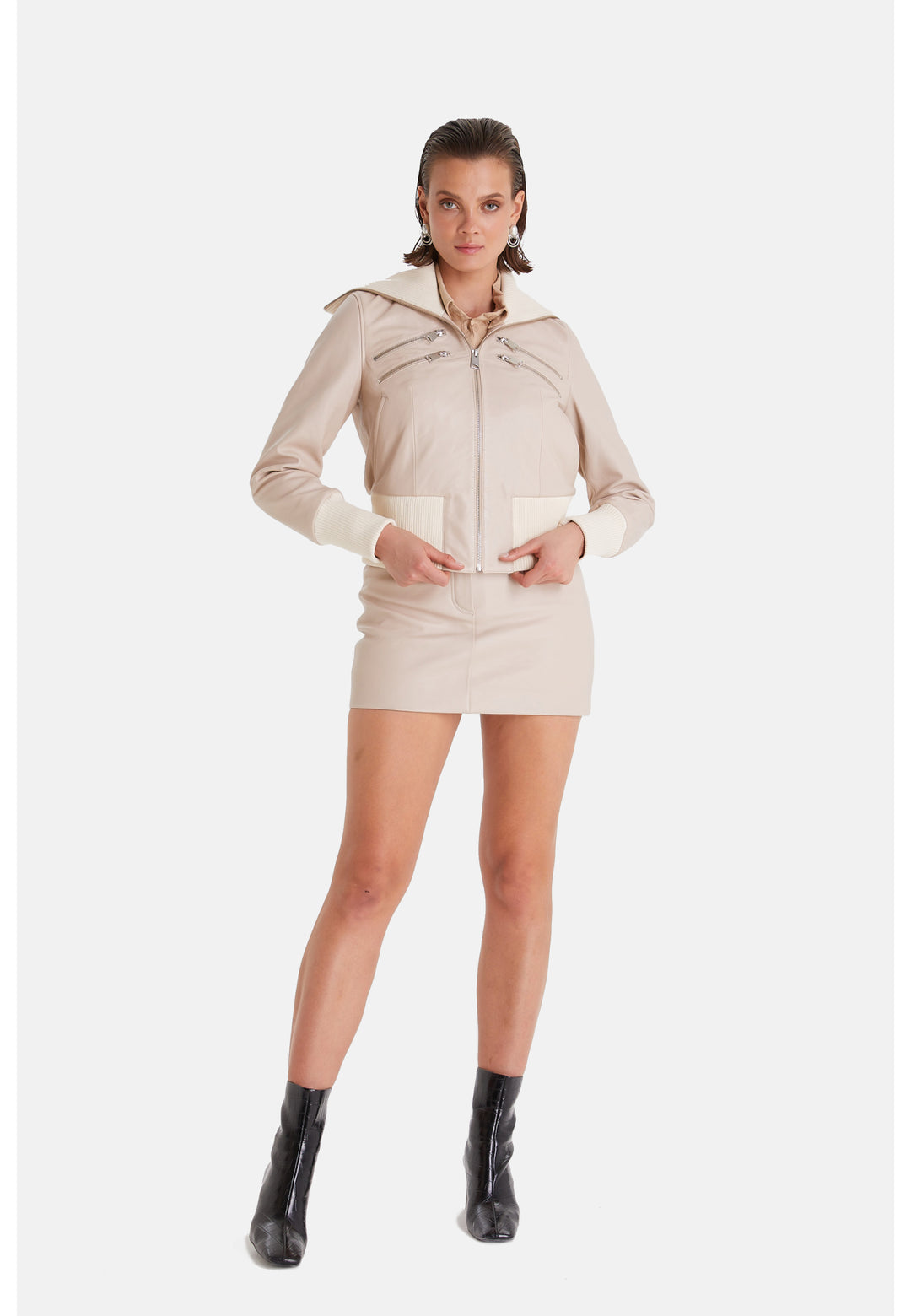 Genuine Leather Bomber Jacket, Beige Nappa