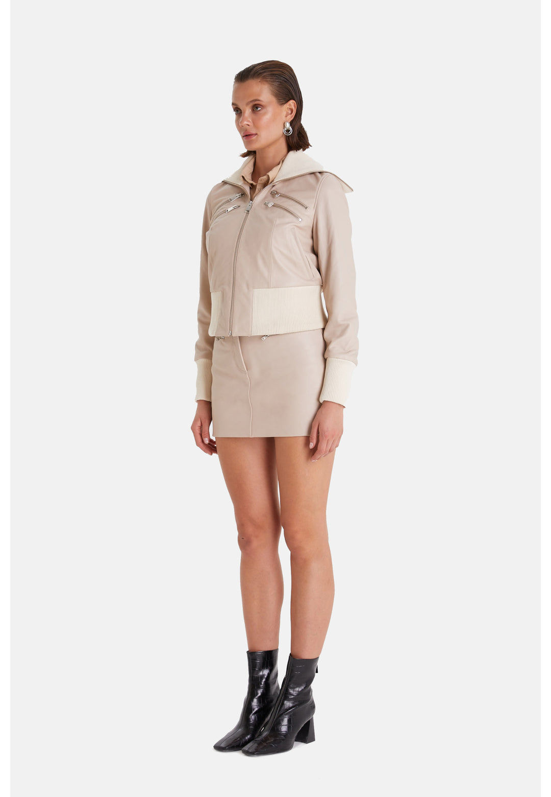 Genuine Leather Bomber Jacket, Beige Nappa