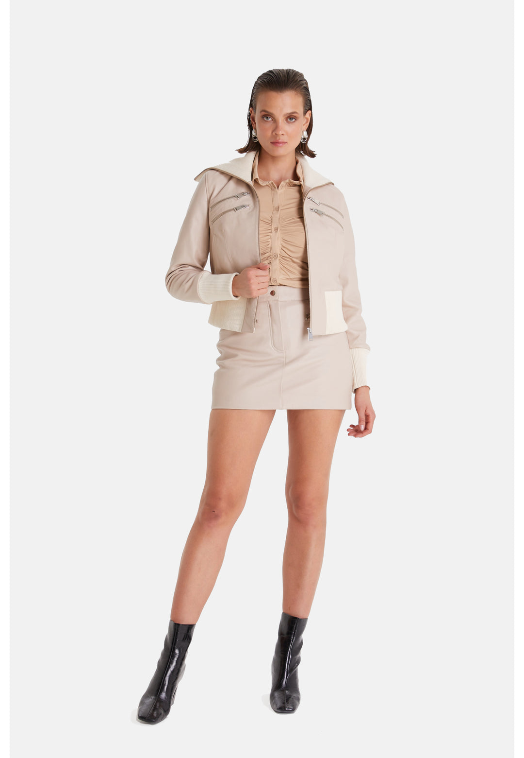 Genuine Leather Bomber Jacket, Beige Nappa