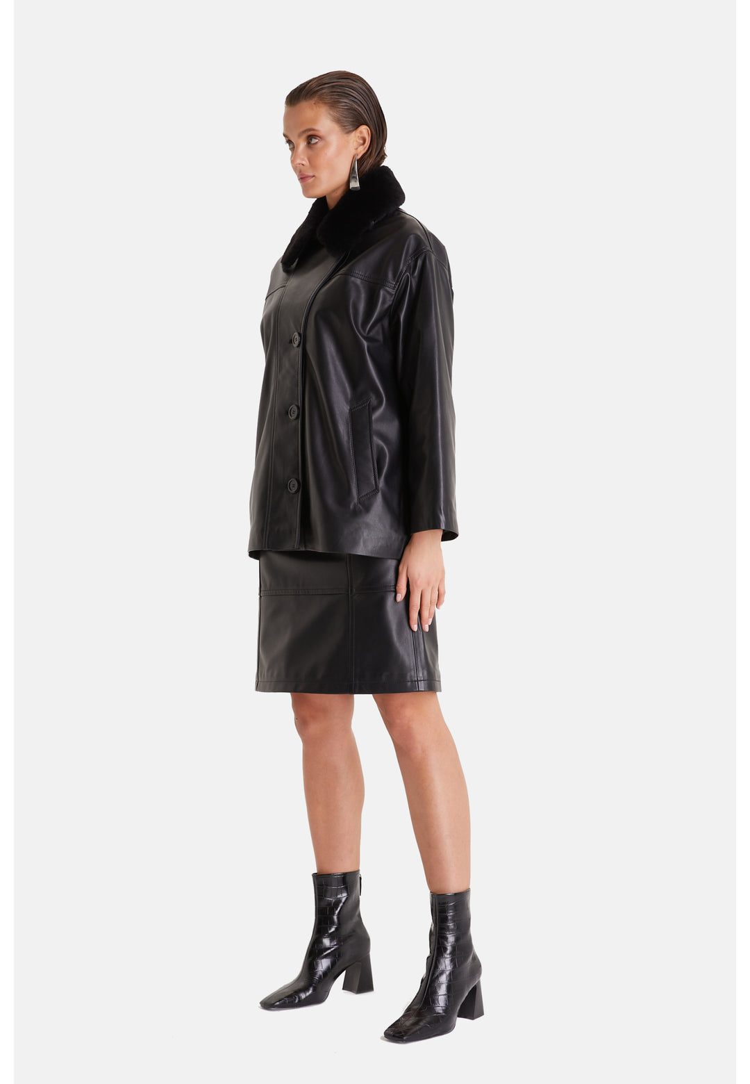 Women's Genuine Leather Trench Coat, Black