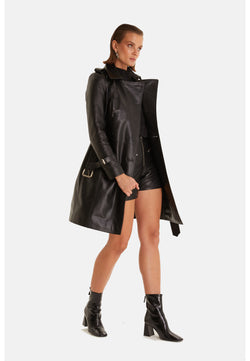 Image of Genuine Leather Trench Coat, Black