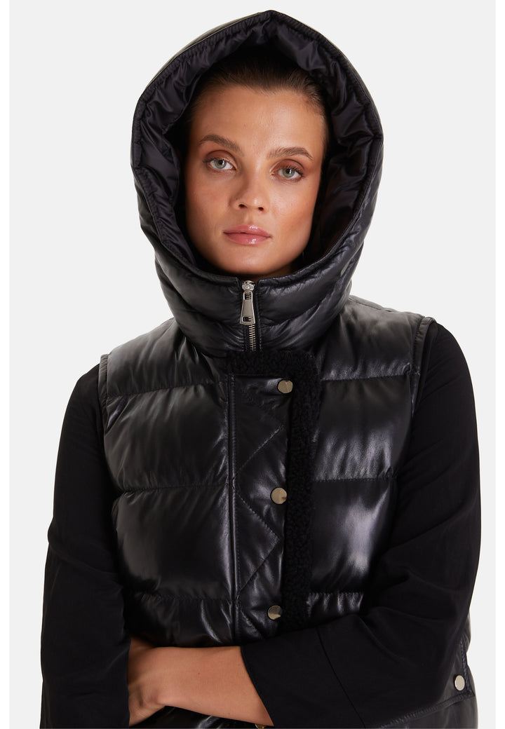 Women's leather vest with hood, Black