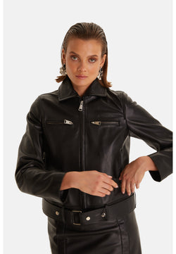 Image of Women's Genuine Leather Blazer Jacket, Black