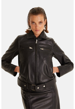 Image of Women's Genuine Leather Blazer Jacket, Black