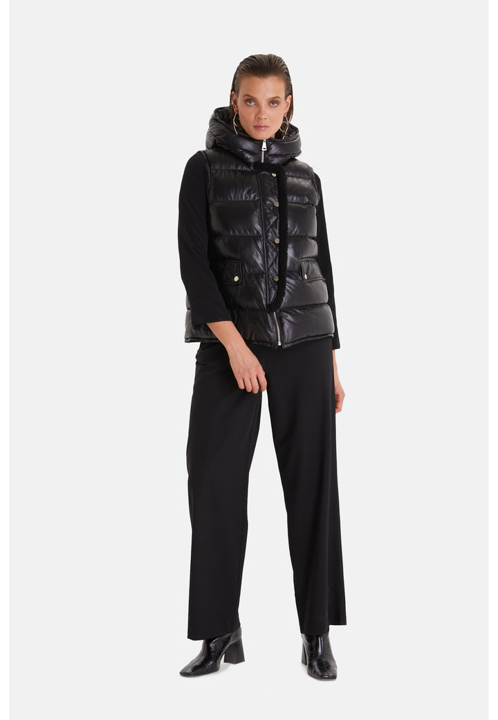 Women's leather vest with hood, Black
