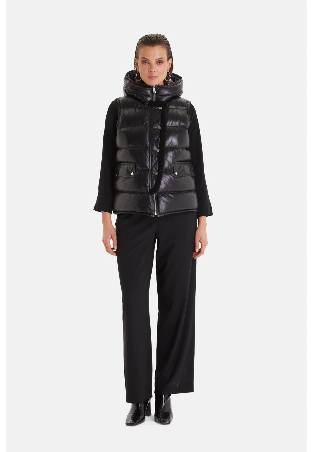 Women's leather vest with hood, Black