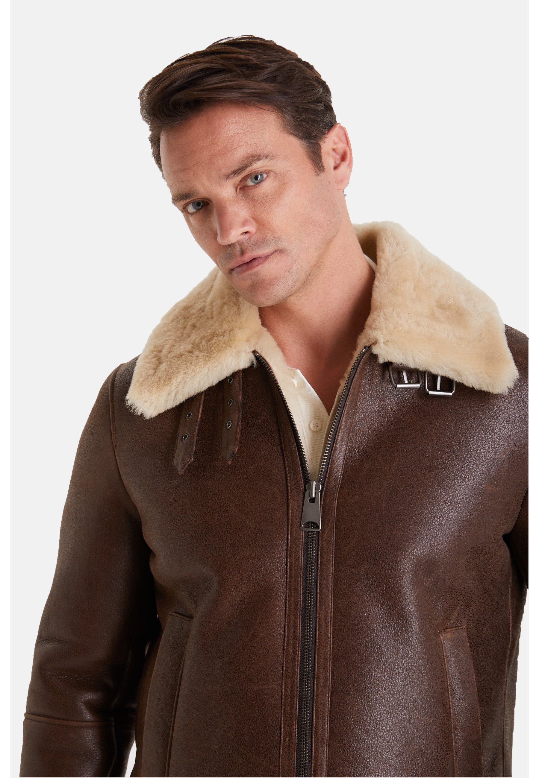 Men's Shearling Aviator Jacket ,Vintage Camel With Champagne Wool