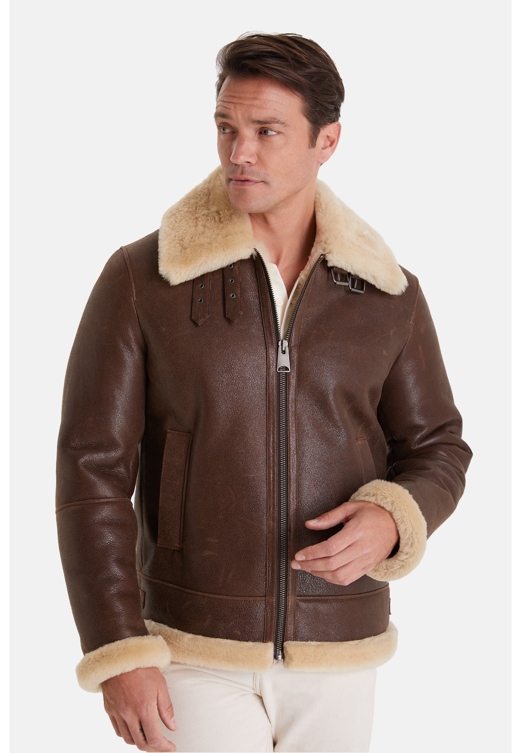 Men's Shearling Aviator Jacket ,Vintage Camel With Champagne Wool