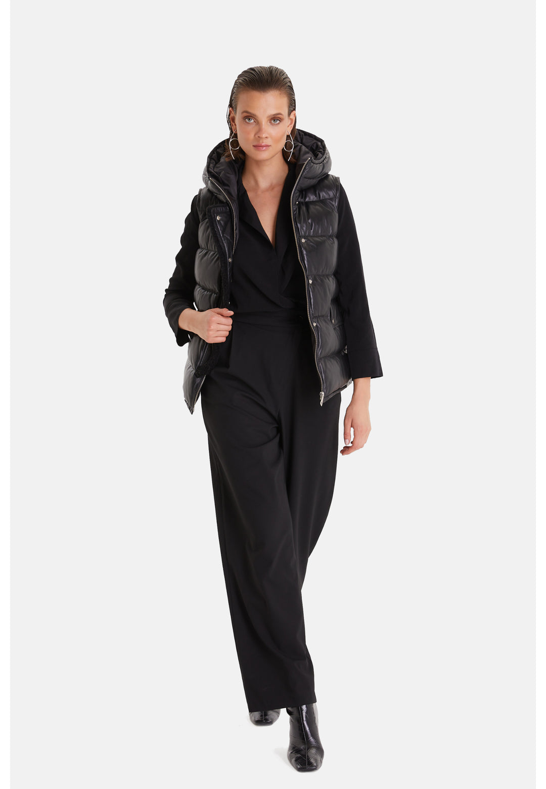 Women's leather vest with hood, Black