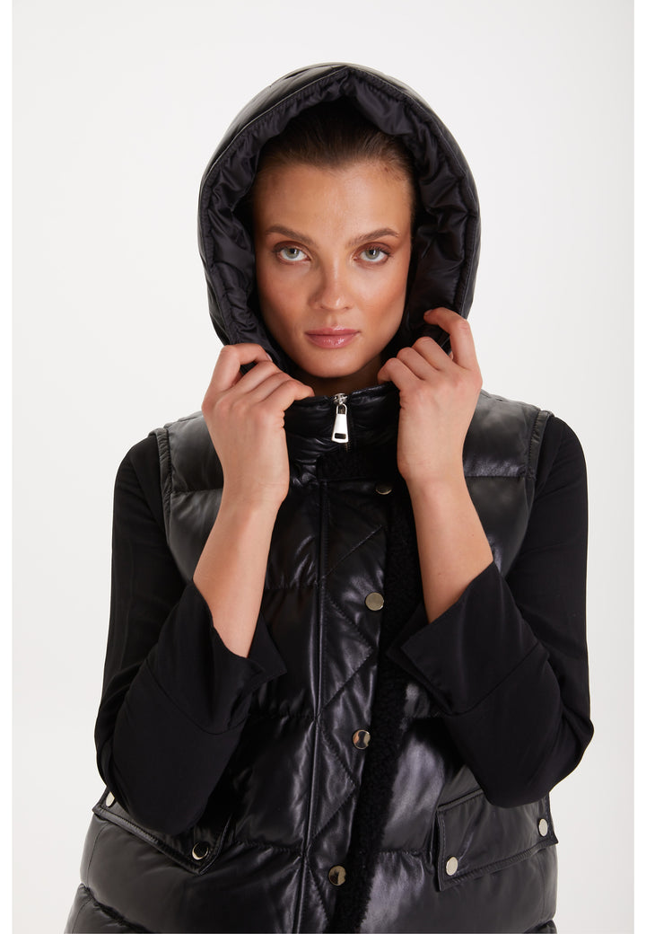 Women's leather vest with hood, Black
