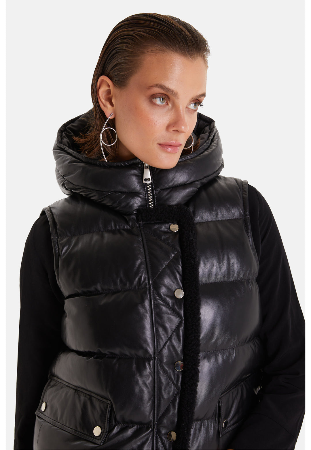 Women's leather vest with hood, Black