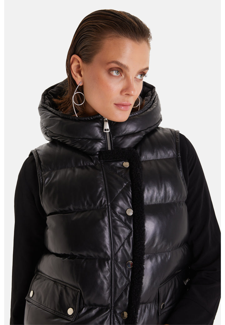 Women's leather vest with hood, Black