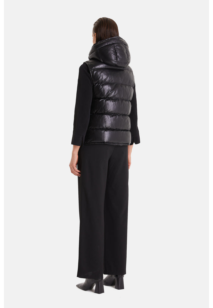 Women's leather vest with hood, Black