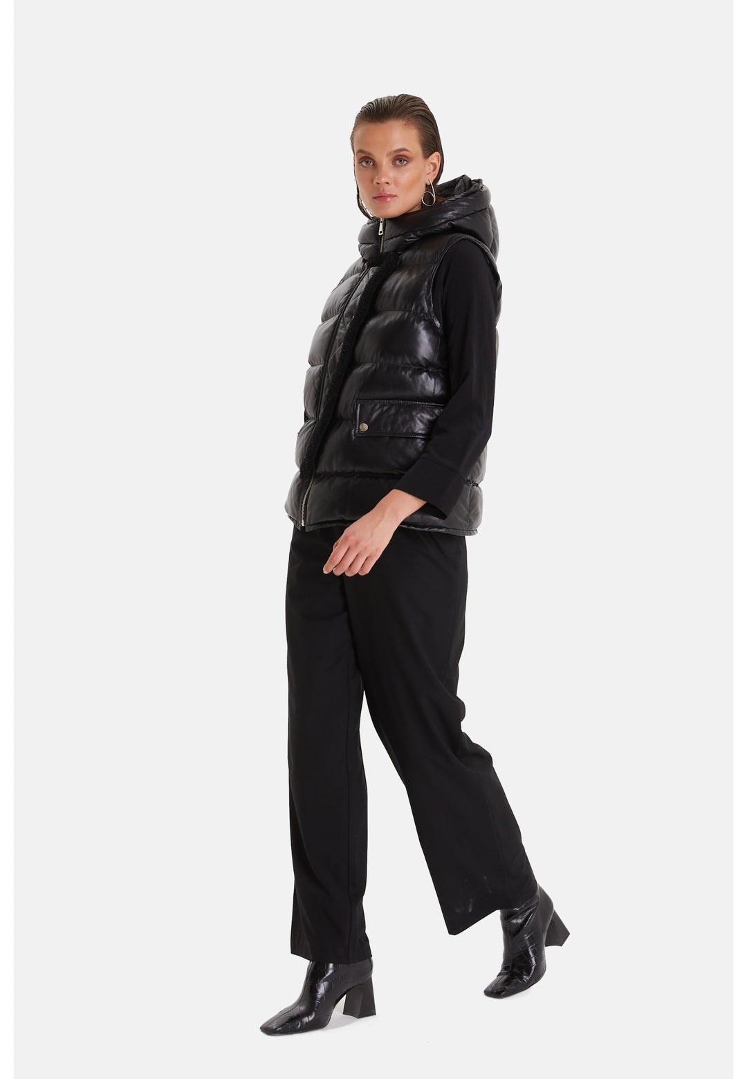 Women's leather vest with hood, Black