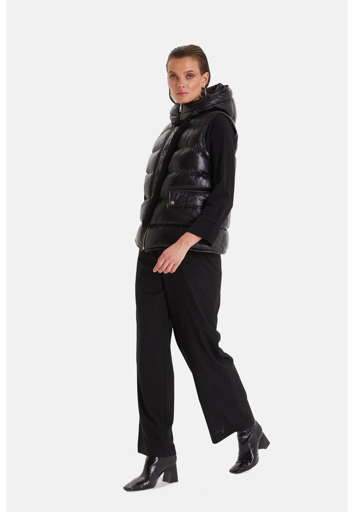 Women's leather vest with hood, Black