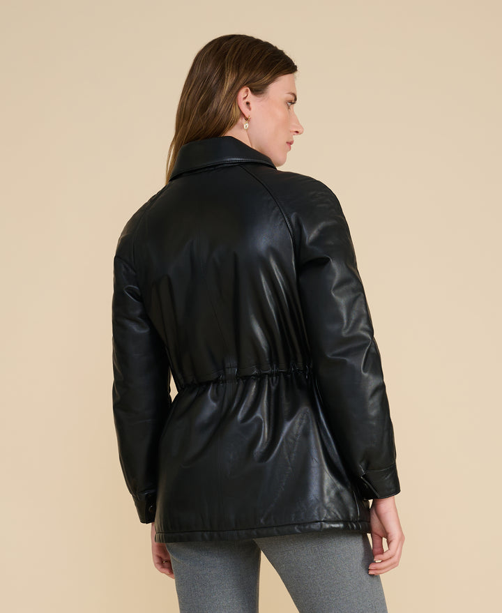Rear view of the Sheridan black leather utility jacket with tailored utility silhouette