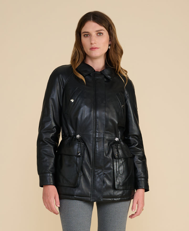 Close-up of the Sheridan black leather utility jacket showing premium British leather and concealed front fastening