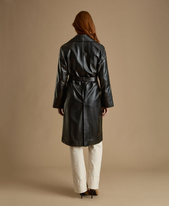 Back view Sloane black leather trench coat belted mid length leather coat