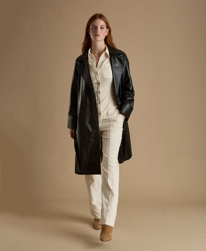 Sloane black leather trench coat full length belted leather coat walking view open
