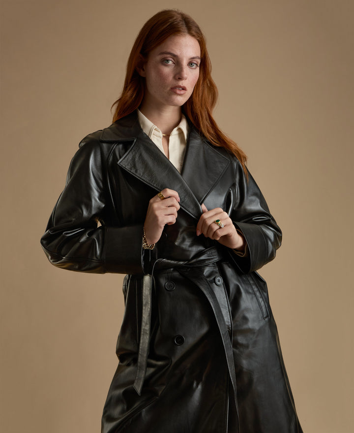 Sloane black leather trench coat close up belted waist double breasted leather