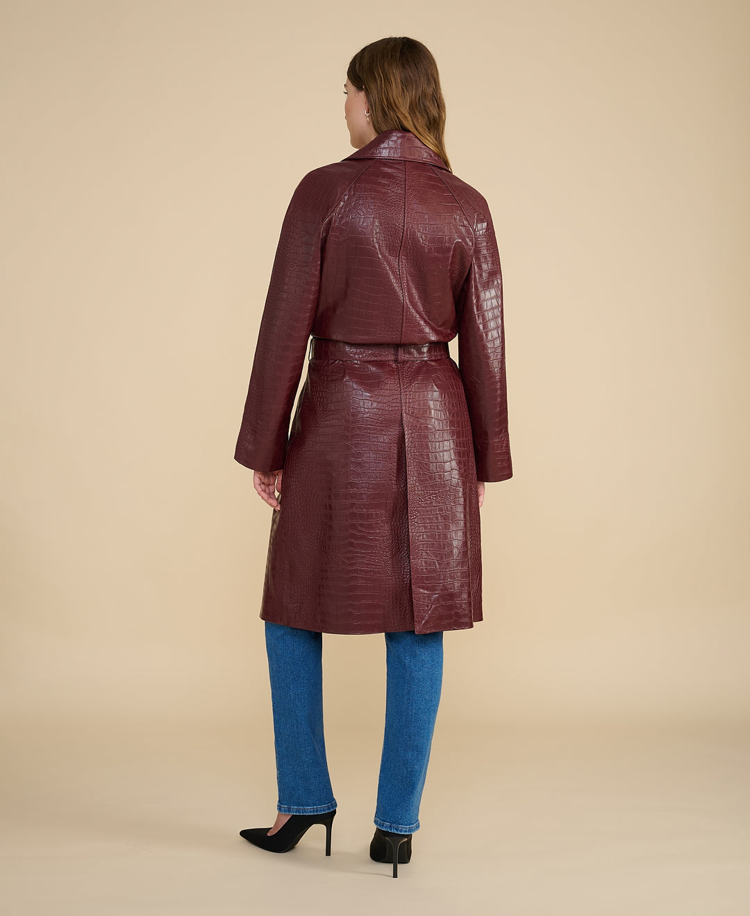 Back view of Sloane burgundy croc embossed leather trench coat in premium 100% British leather