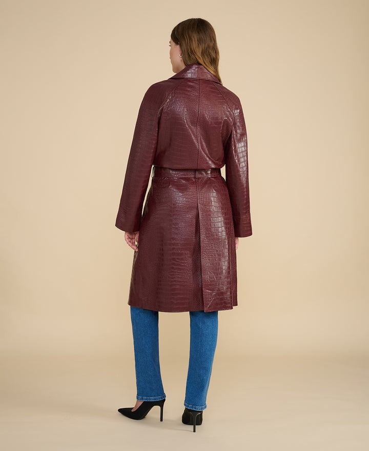 Back view of Sloane burgundy croc embossed leather trench coat in premium 100% British leather