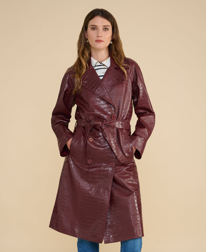 Sloane burgundy croc embossed leather trench coat with belted waist and double breasted design