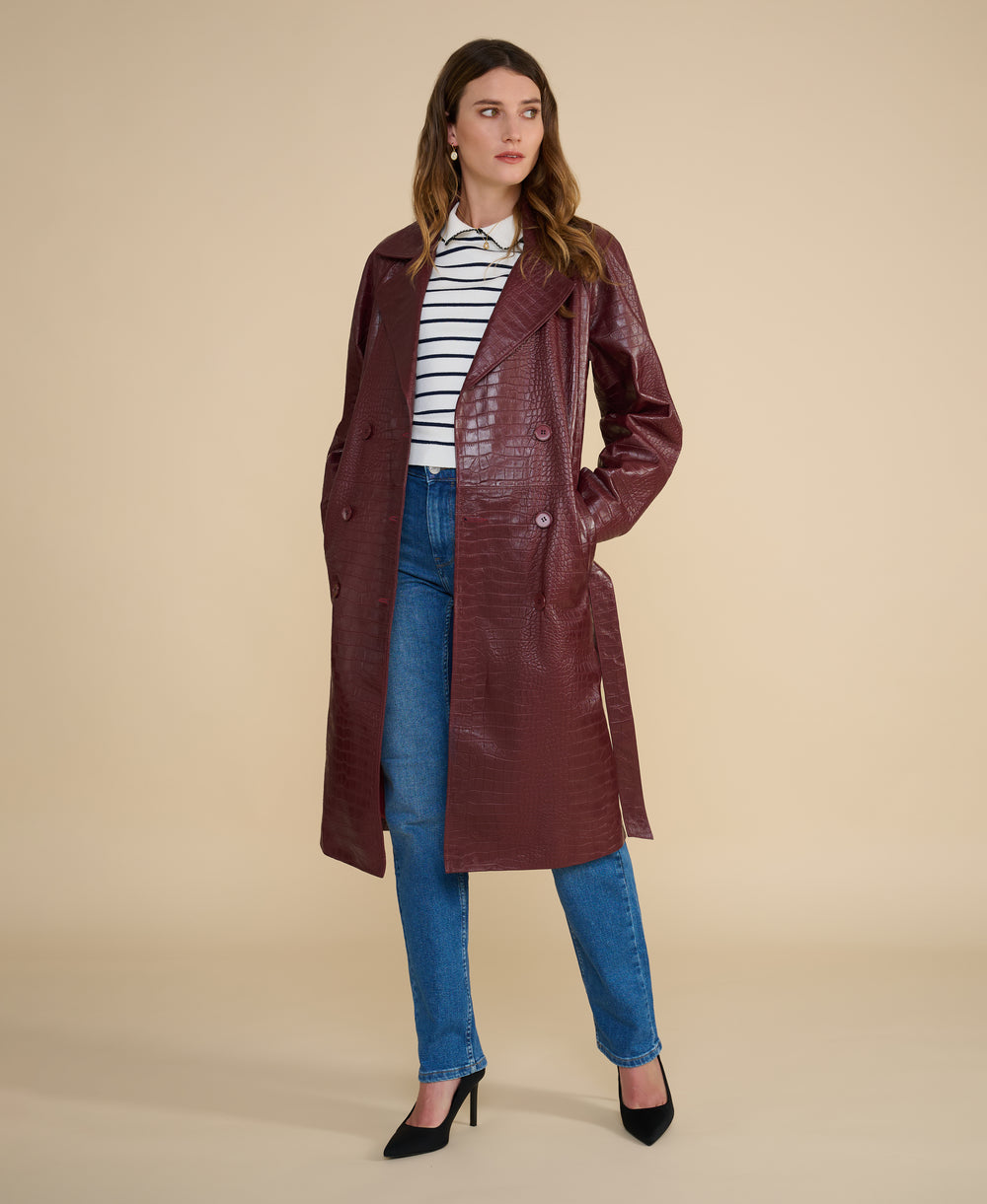 Sloane burgundy croc embossed leather trench coat crafted from 100% British leather front open view