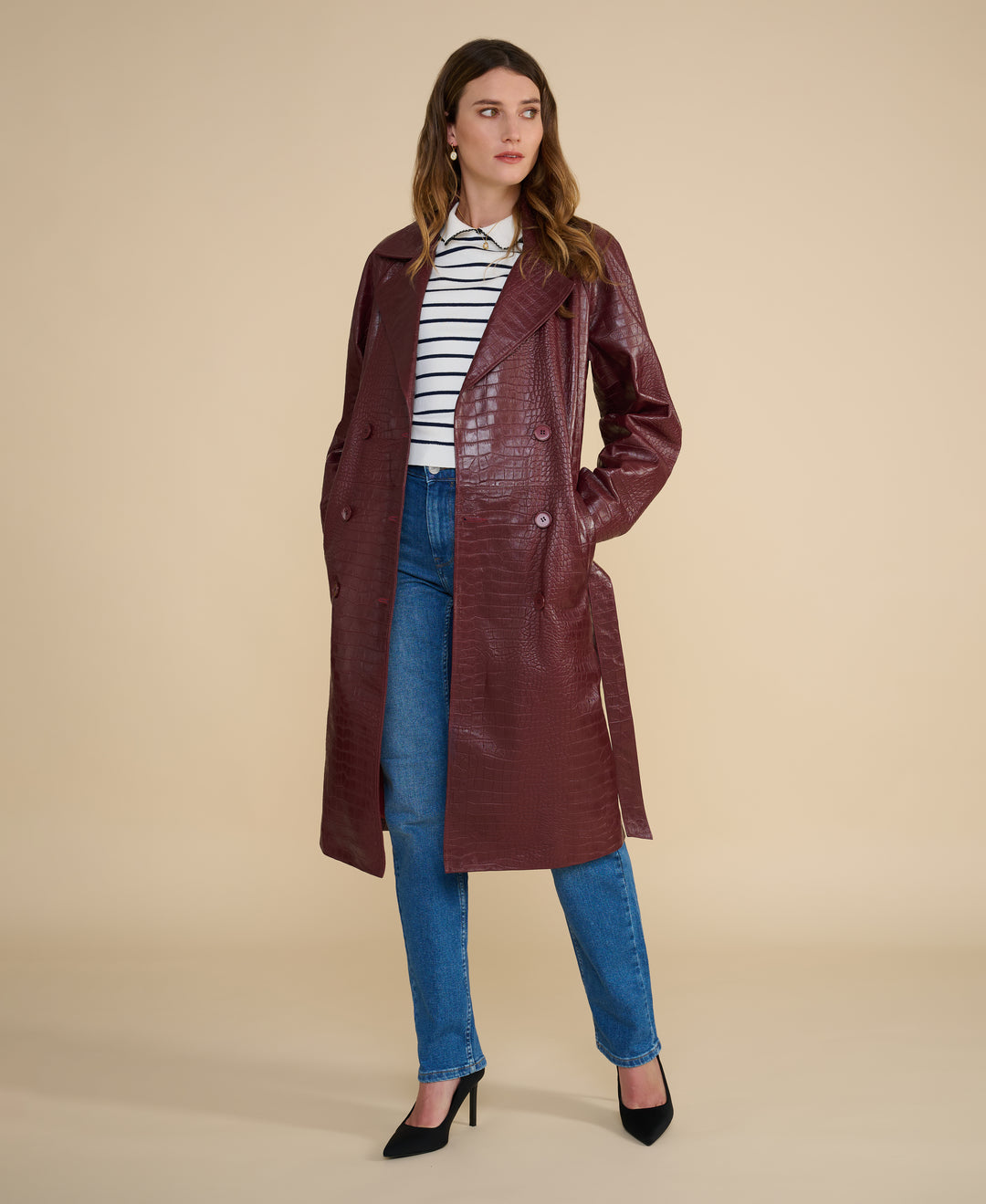 Sloane burgundy croc embossed leather trench coat crafted from 100% British leather front open view