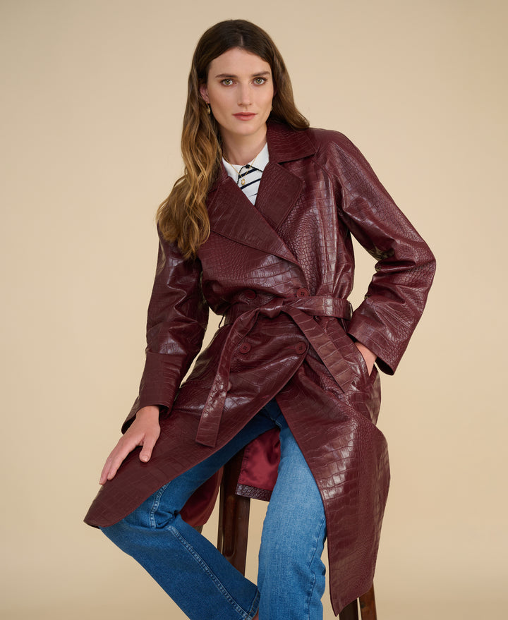 Sloane burgundy croc embossed leather trench coat luxury Fall Winter outerwear styling for women