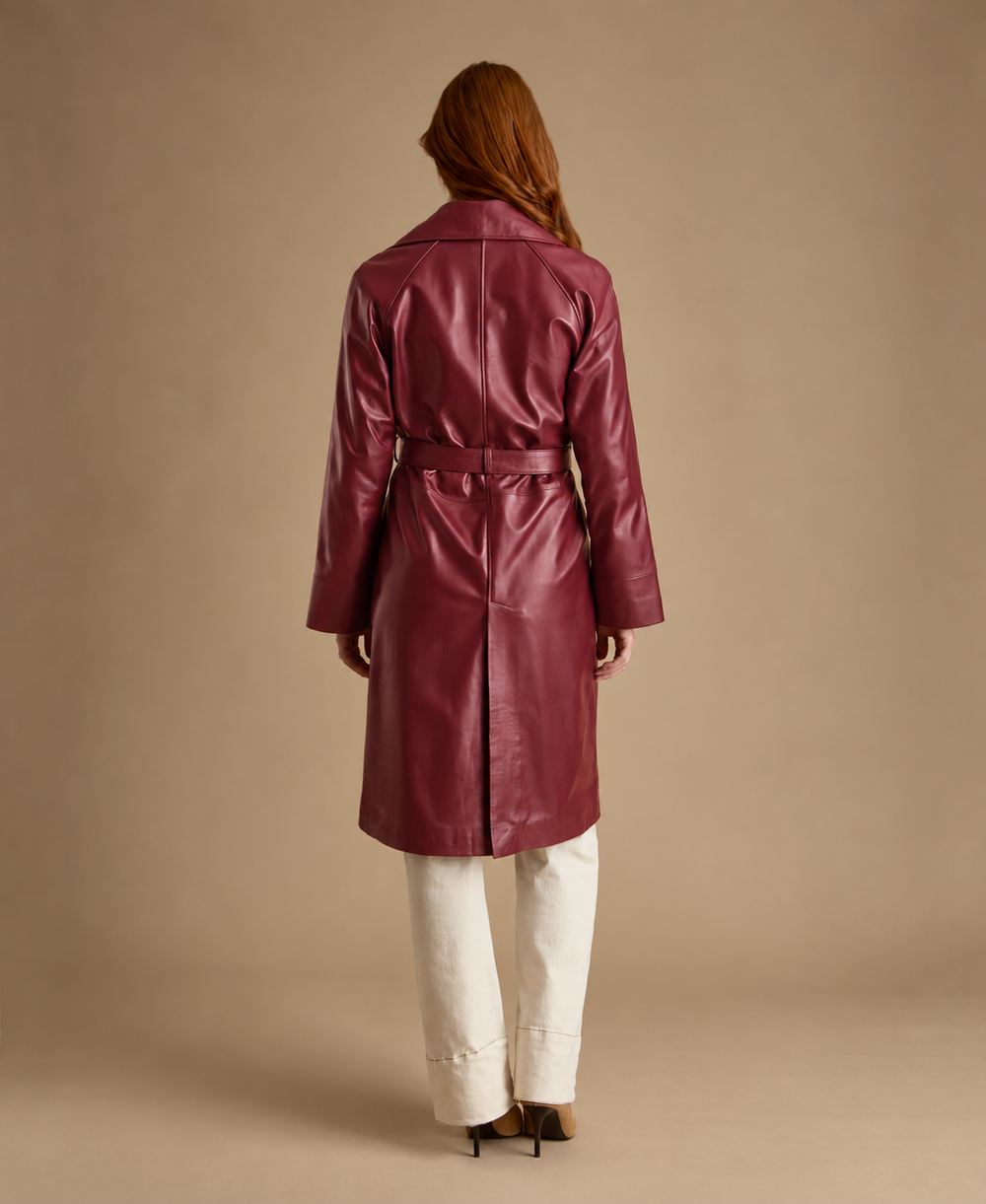 Sloane women's light burgundy leather trench coat by FURNIQ UK, back view