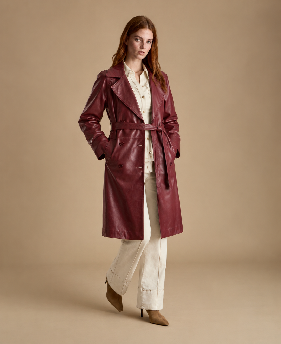 Sloane light burgundy leather trench coat for women by FURNIQ UK, full front view