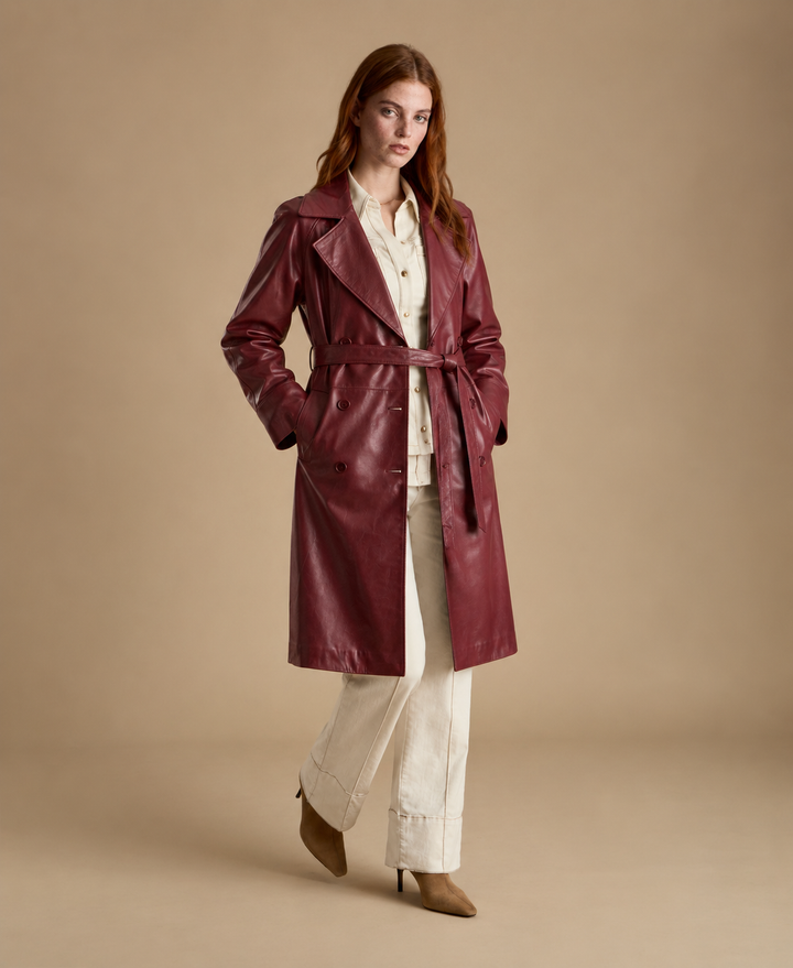 Sloane light burgundy leather trench coat for women by FURNIQ UK, full front view