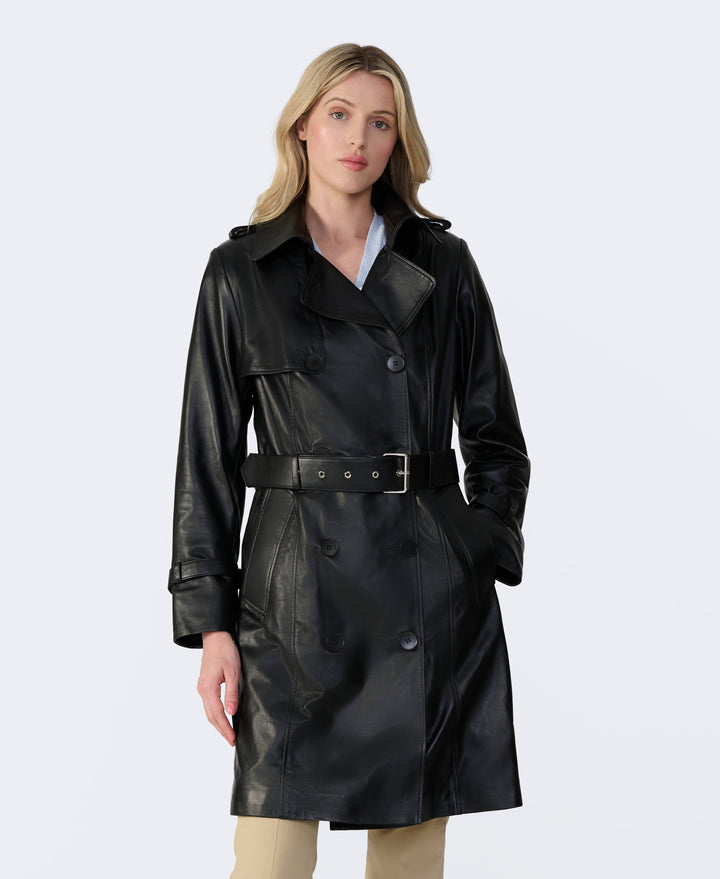 Close-up of black leather trench coat belt with metal buckle women’s nappa leather detail
