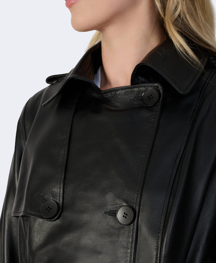 Close-up notch lapel collar on women’s black leather trench coat double-breasted design