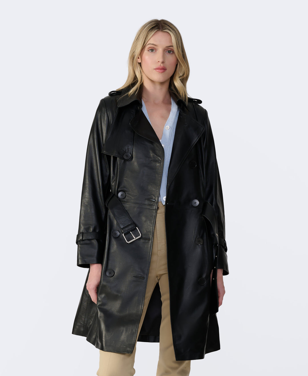 Women’s black leather trench coat belted double-breasted nappa leather Soho style front view
