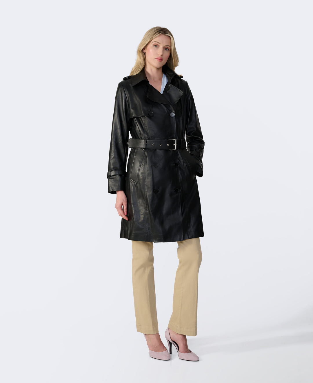 Full length women’s black leather trench coat belted nappa leather Soho coat styled outfit
