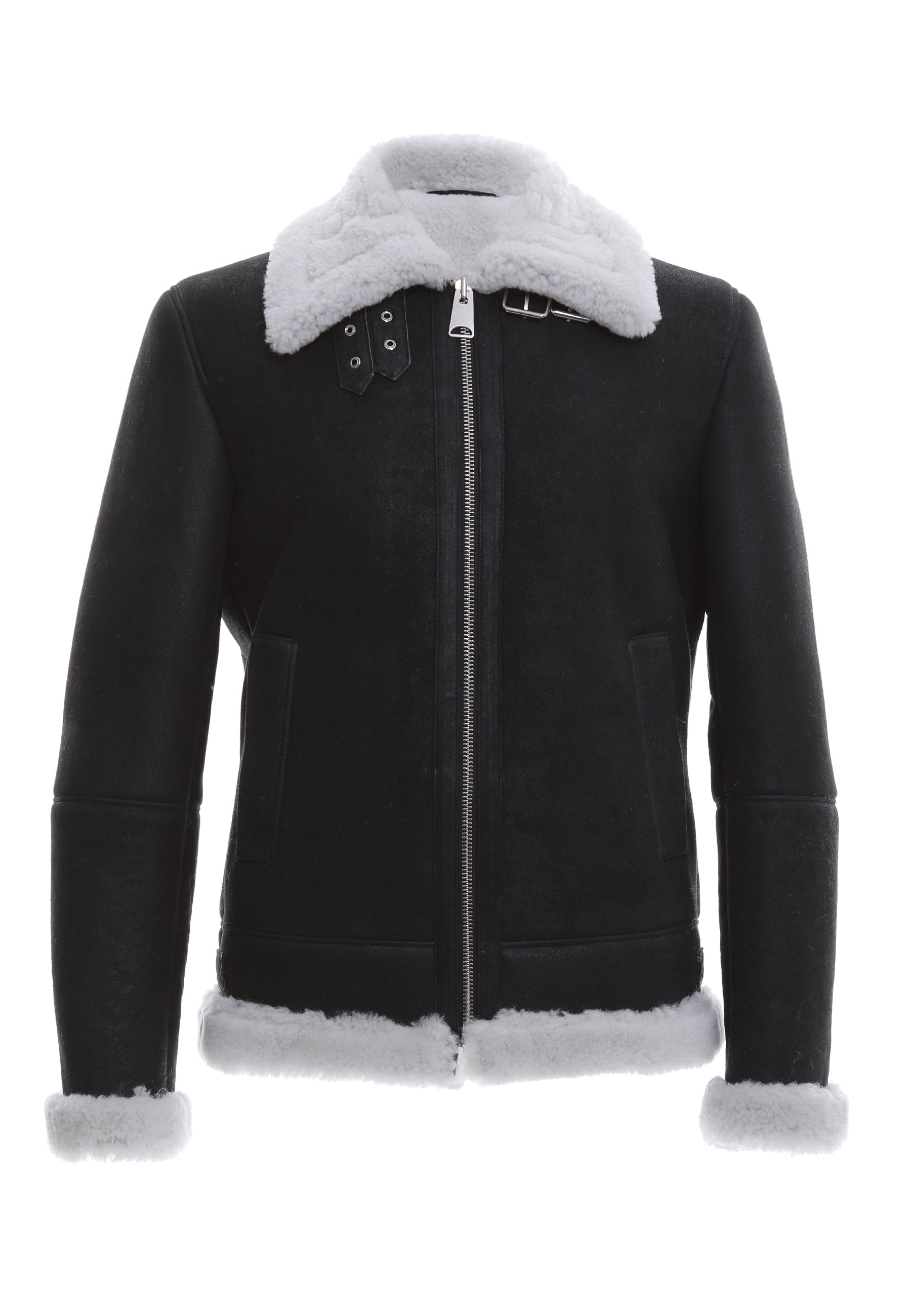 Men's Shearling RAF B3 Aviator Jacket, Washed Black with White Curly Wool