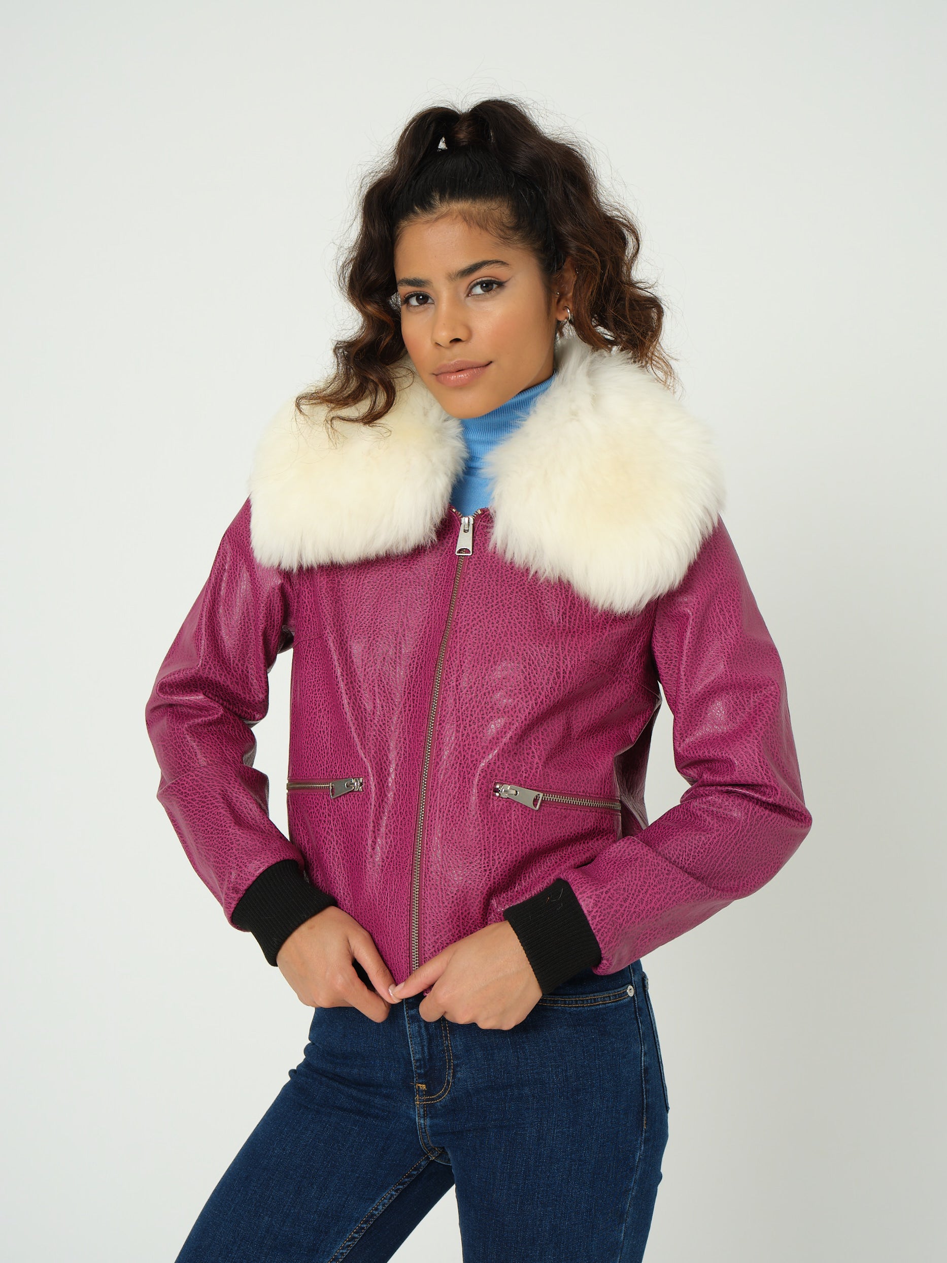 Detachable Natural Shearling Collar Bomber Jacket, Jumbo Pattern Fuchsia