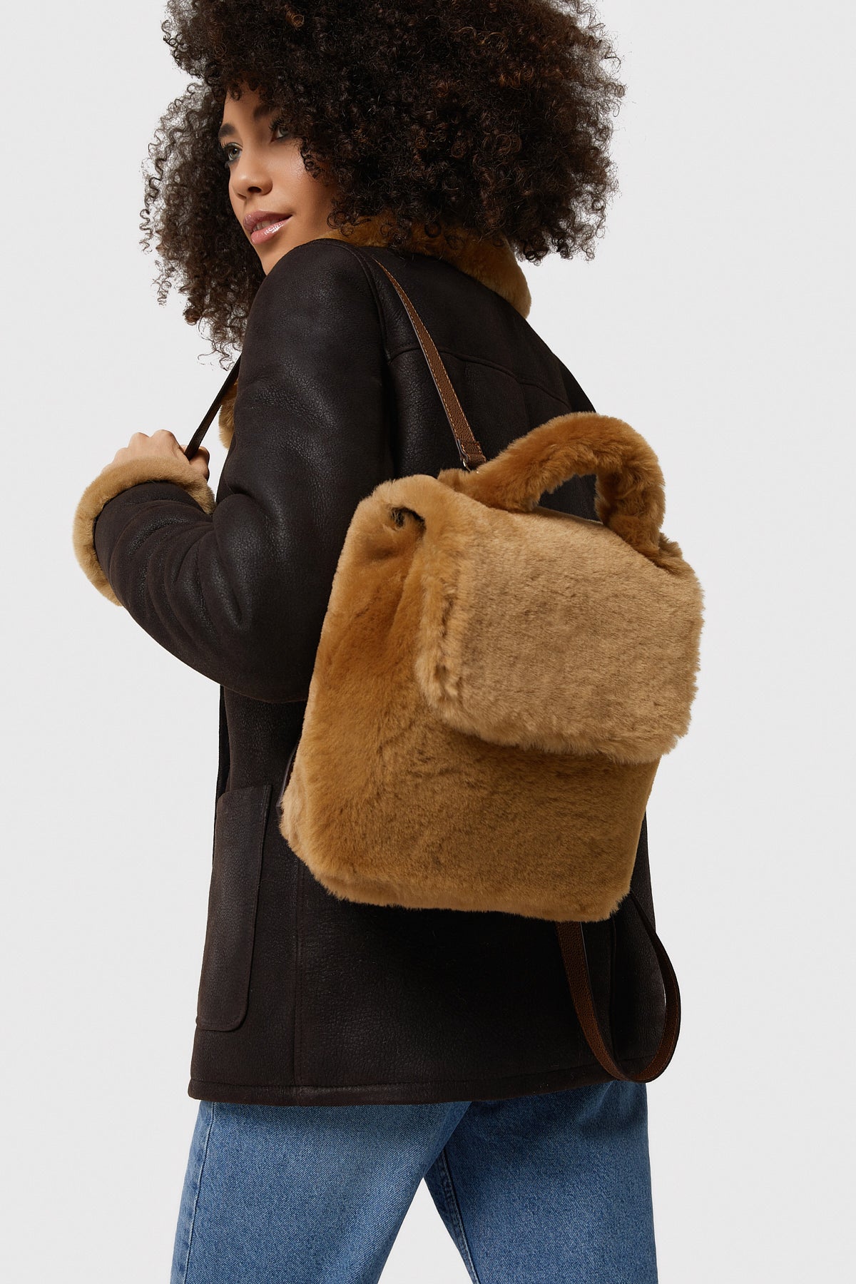 Women's Shearling Mini Backpack , Ginger Wool