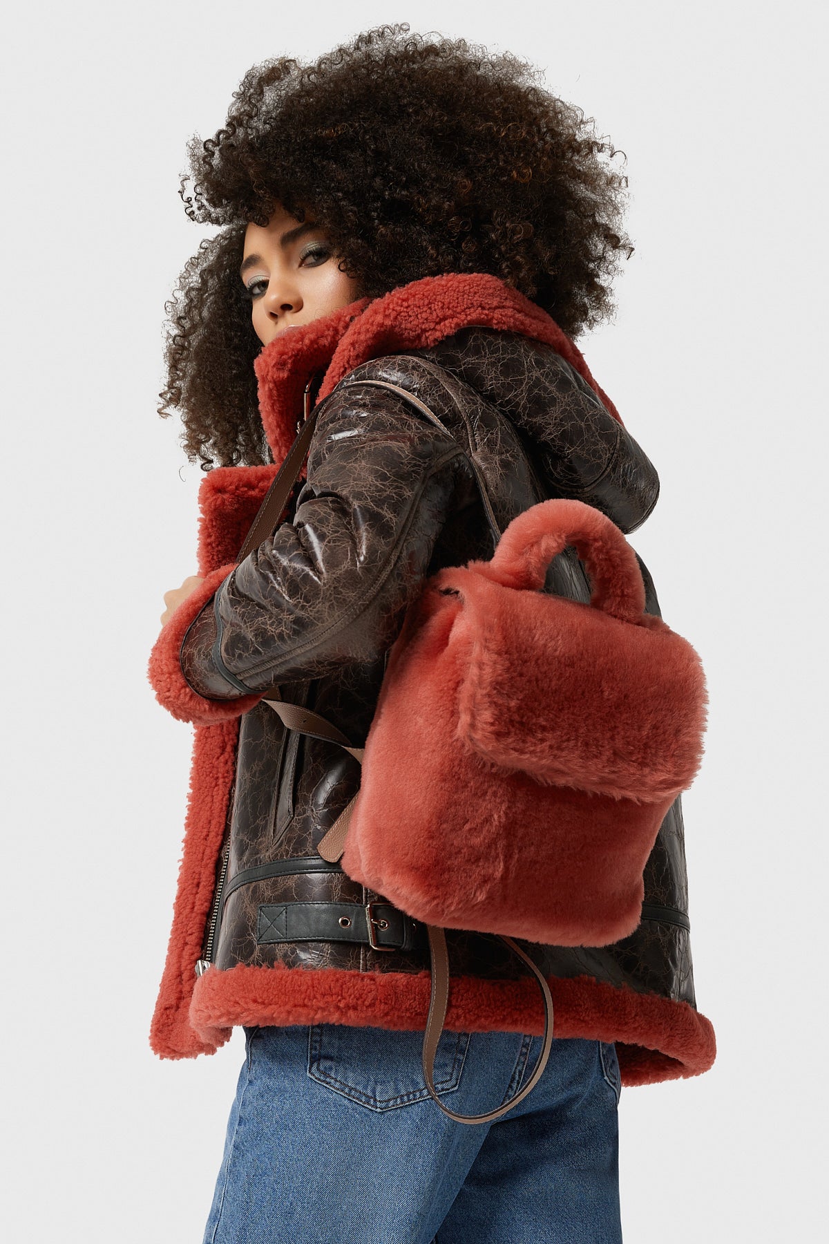 Women's Shearling Mini Backpack , Coral Wool