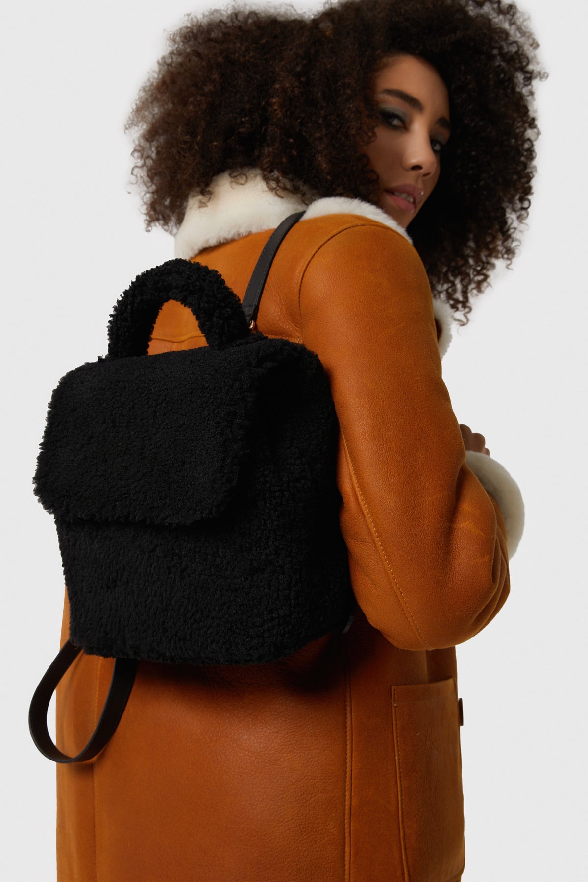 Women's Shearling Mini Backpack , Black Curly Wool