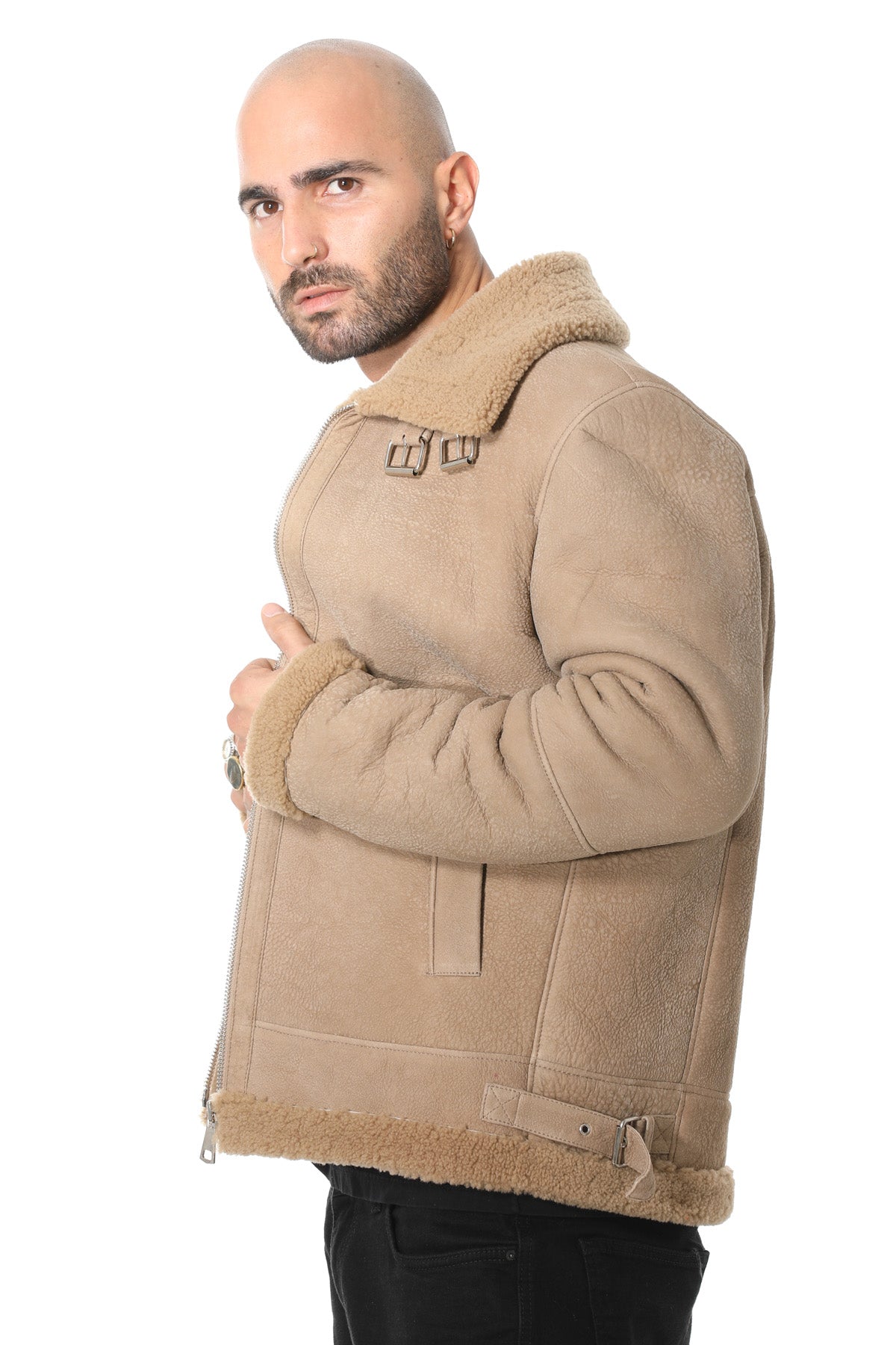 Men's Shearling RAF B3 Aviator Jacket, Washed Camel Curly Wool