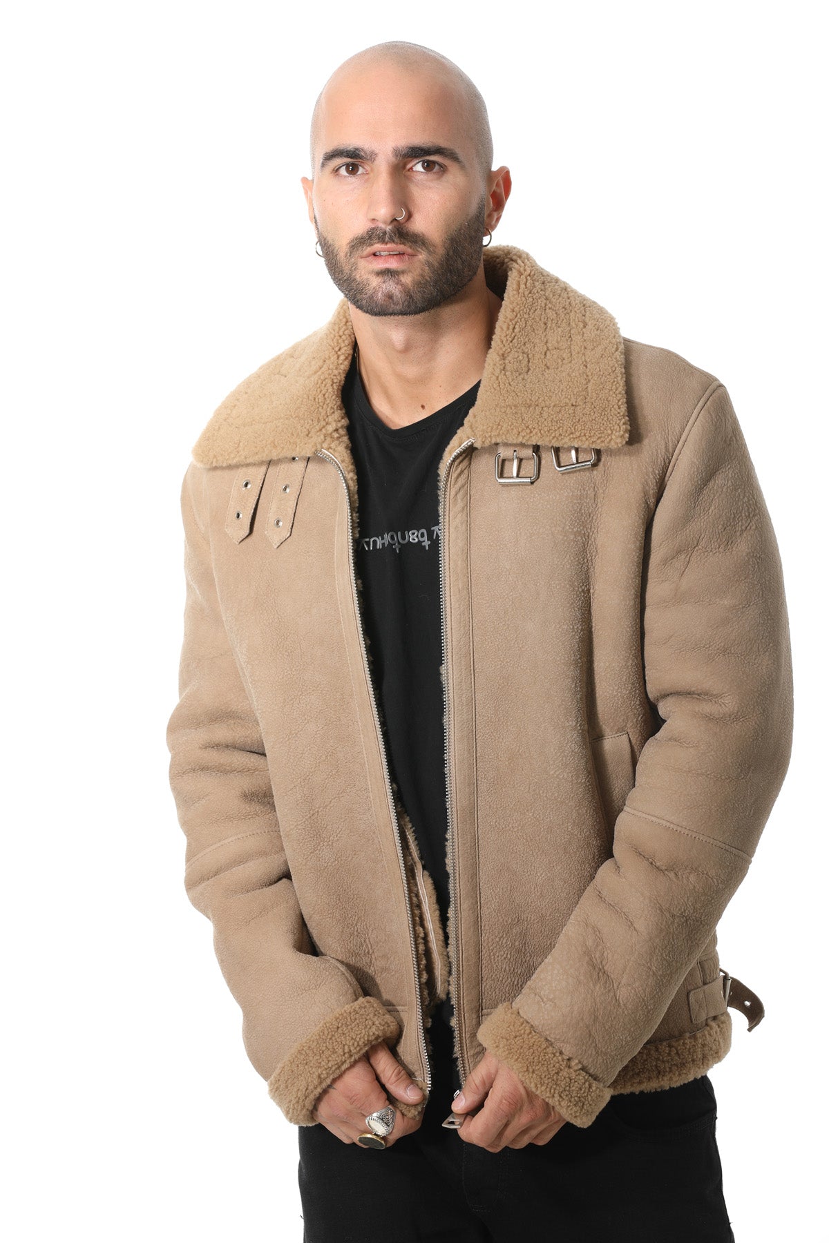 Men's Shearling RAF B3 Aviator Jacket, Washed Camel Curly Wool