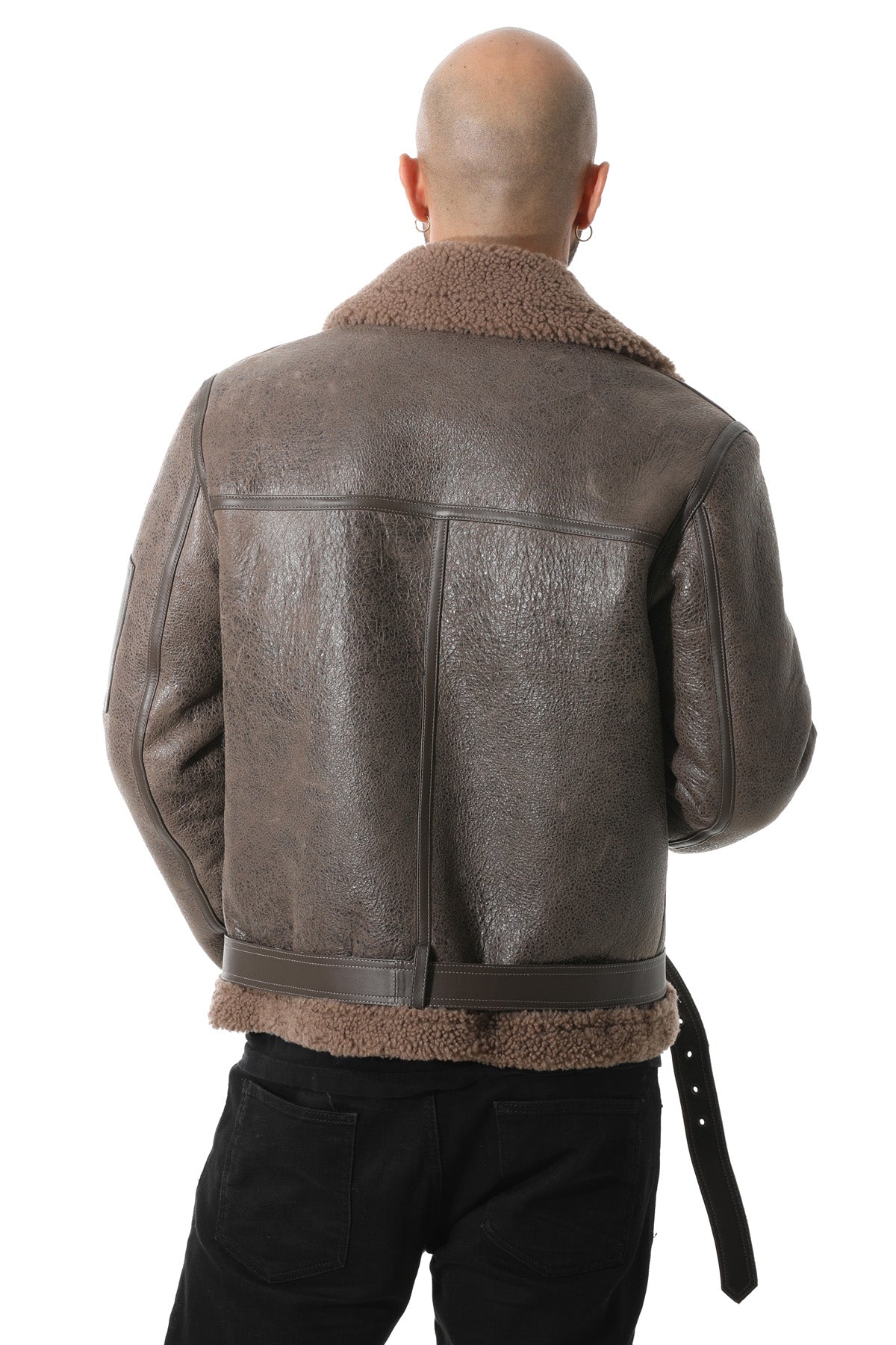 Men's Shearling Belted Pilot Jacket, Vintage Cashmere Curly Wool