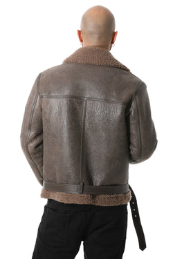 Image of Men's Shearling Belted Pilot Jacket, Vintage Cashmere Curly Wool