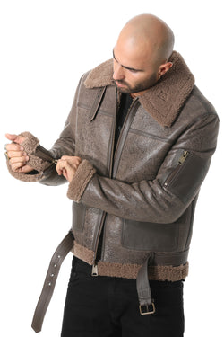 Image of Men's Shearling Belted Pilot Jacket, Vintage Cashmere Curly Wool