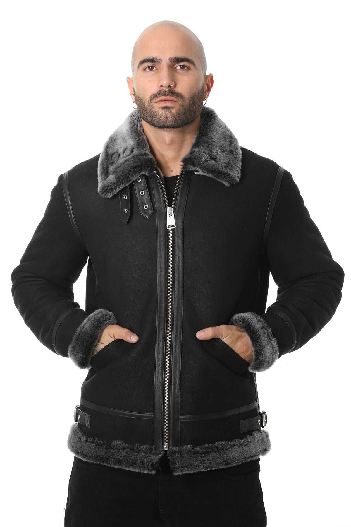 Men's Shearling Aviator Jacket, Washed Black with Brissa Wool