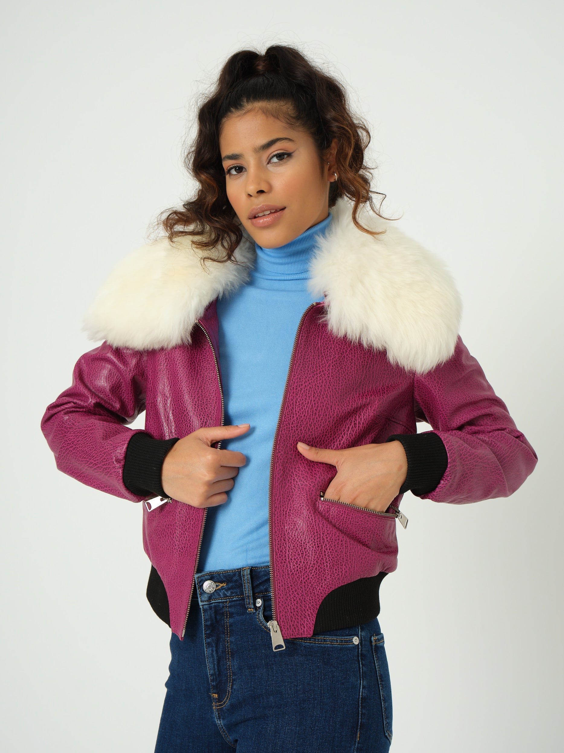 Detachable Natural Shearling Collar Bomber Jacket, Jumbo Pattern Fuchsia