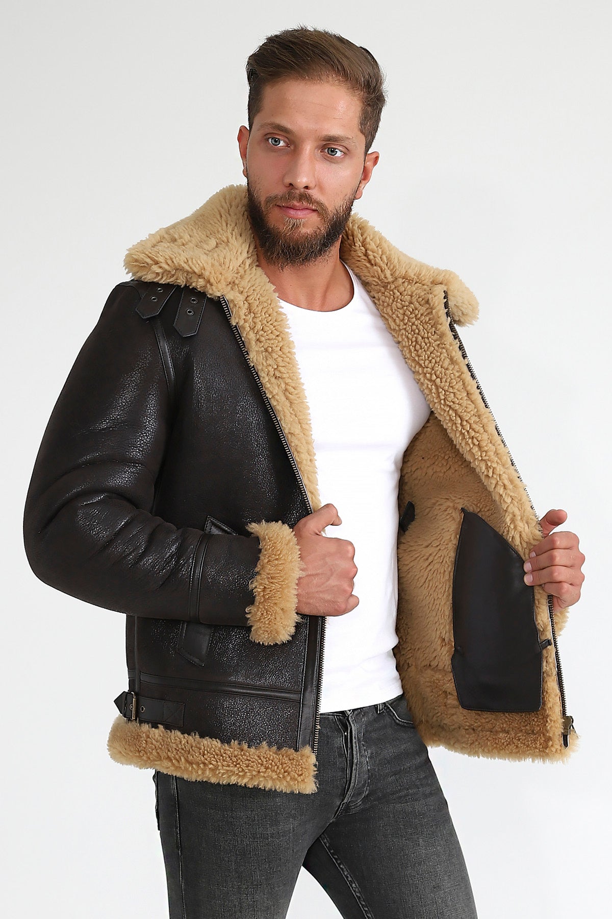 Men's Shearling Aviator Jacket, Vintage Brown with Ginger Curly Wool